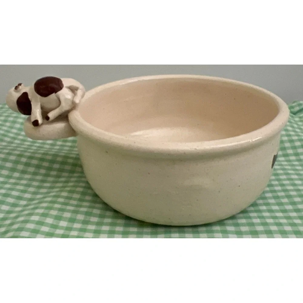 Sm Dog‎ Food Water Bowl White Dog Brown Spots Glazed Studio Pottery Signed 5